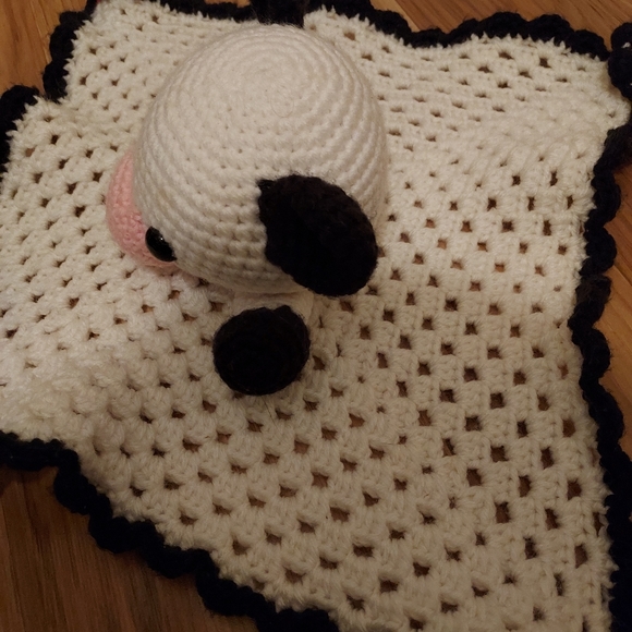 Vintage Handmade Crochet Cow Pig Lovey Blanket Stuffed Animal Black White Pink - Picture 6 of 10